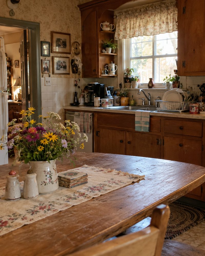 Afternoon light in a lived-in family kitchen, with wildflowers on a worn wooden table and framed photos on the wall